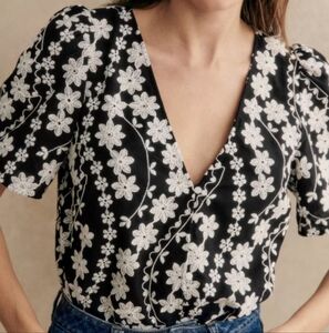 Sezane Emma Blouse Ecru Embroidery/ Black - Size 6